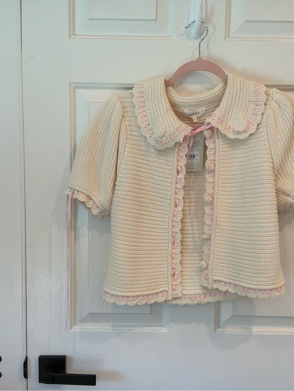 bohme Cream Knit Baby Cardigan with Pink Trim